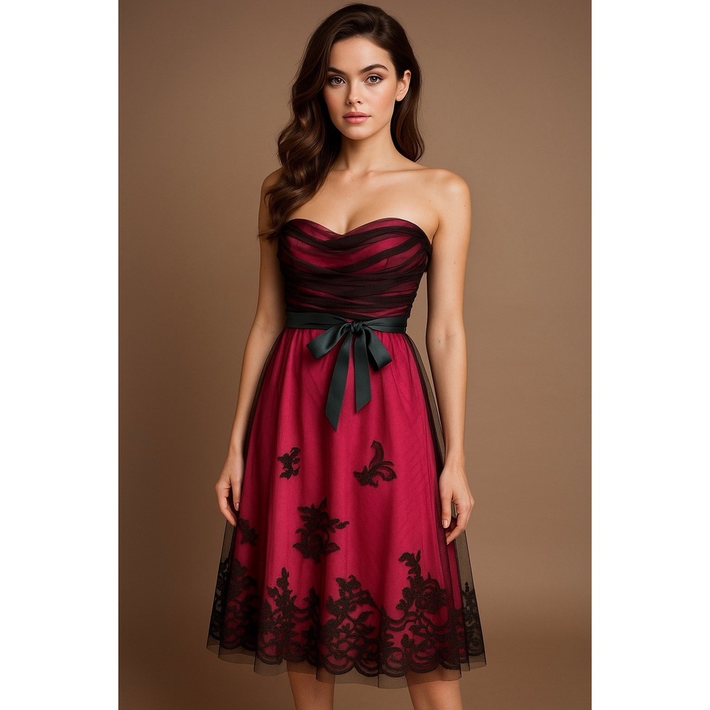 BCBG Max Azria Strapless Tulle Lace Dress XS Pink Black WhimsyGoth Vampy Formal